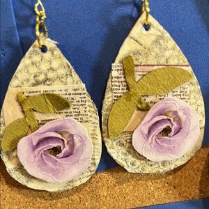 Handcrafted Teardrop Earrings with Purple Floral Design feminine and pastel